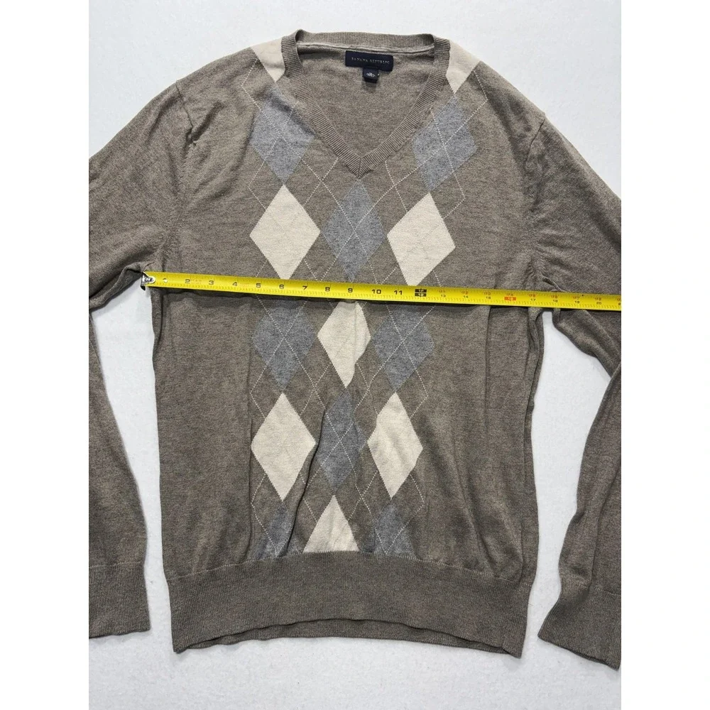 Banana Republic Sweater Mens Medium Brown Argyle V Neck Silk Blend Knit Pullover